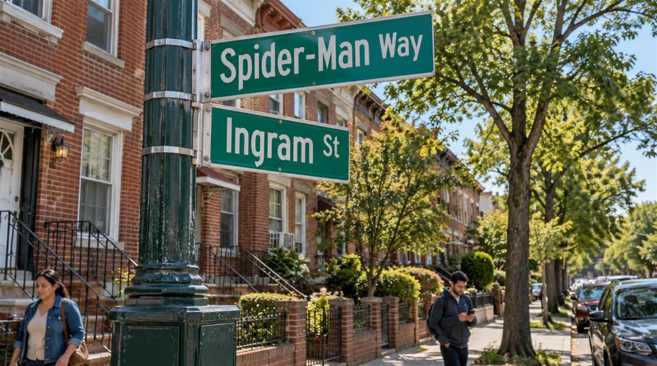 Nova York põe placa honorária do Homem-Aranha numa esquina do Queens, a passos do endereço de Peter Parker nos gibis, com o sobrinho de Steve Ditko