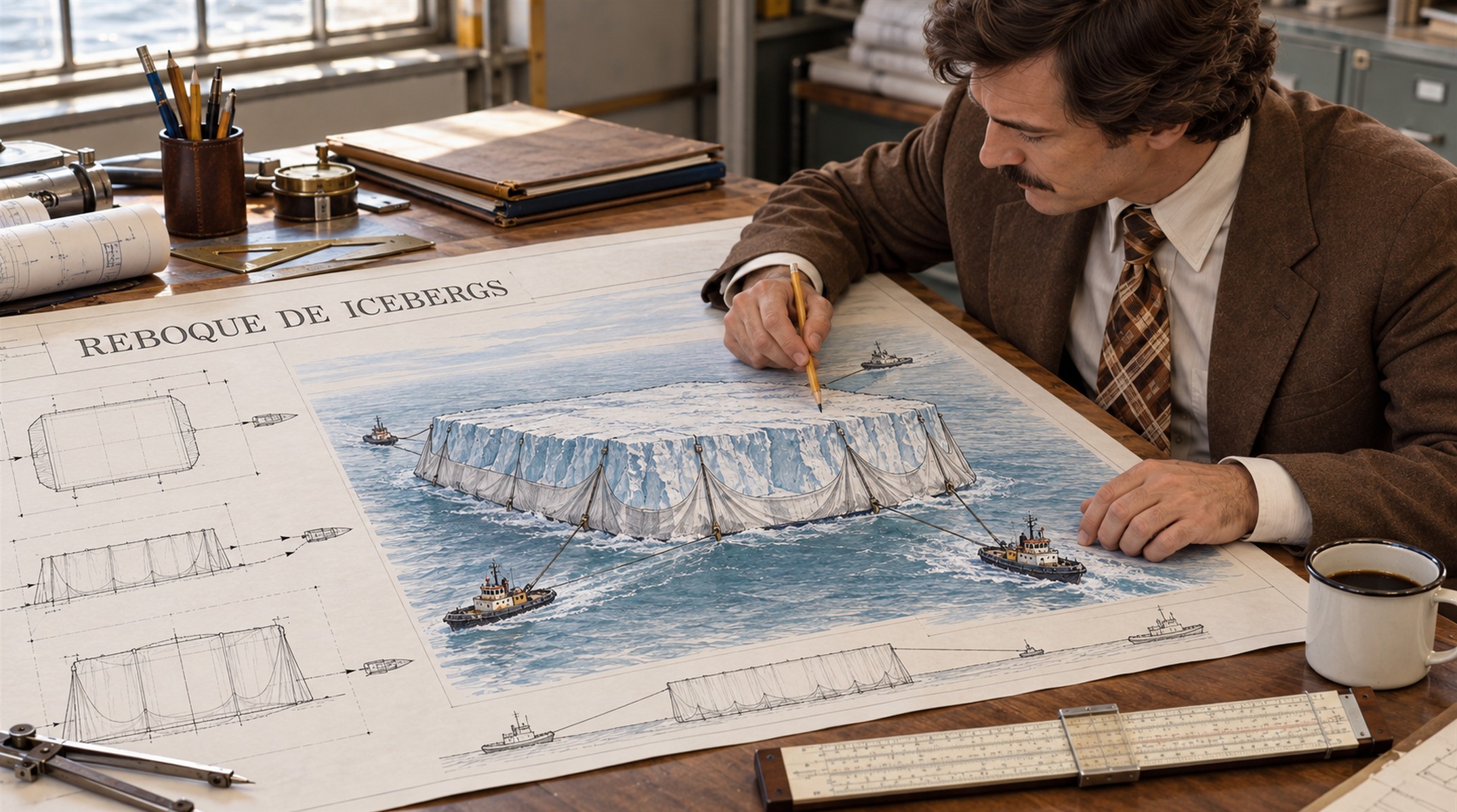 Engenheiro desenha o reboque de um iceberg envolto em lona por rebocadores