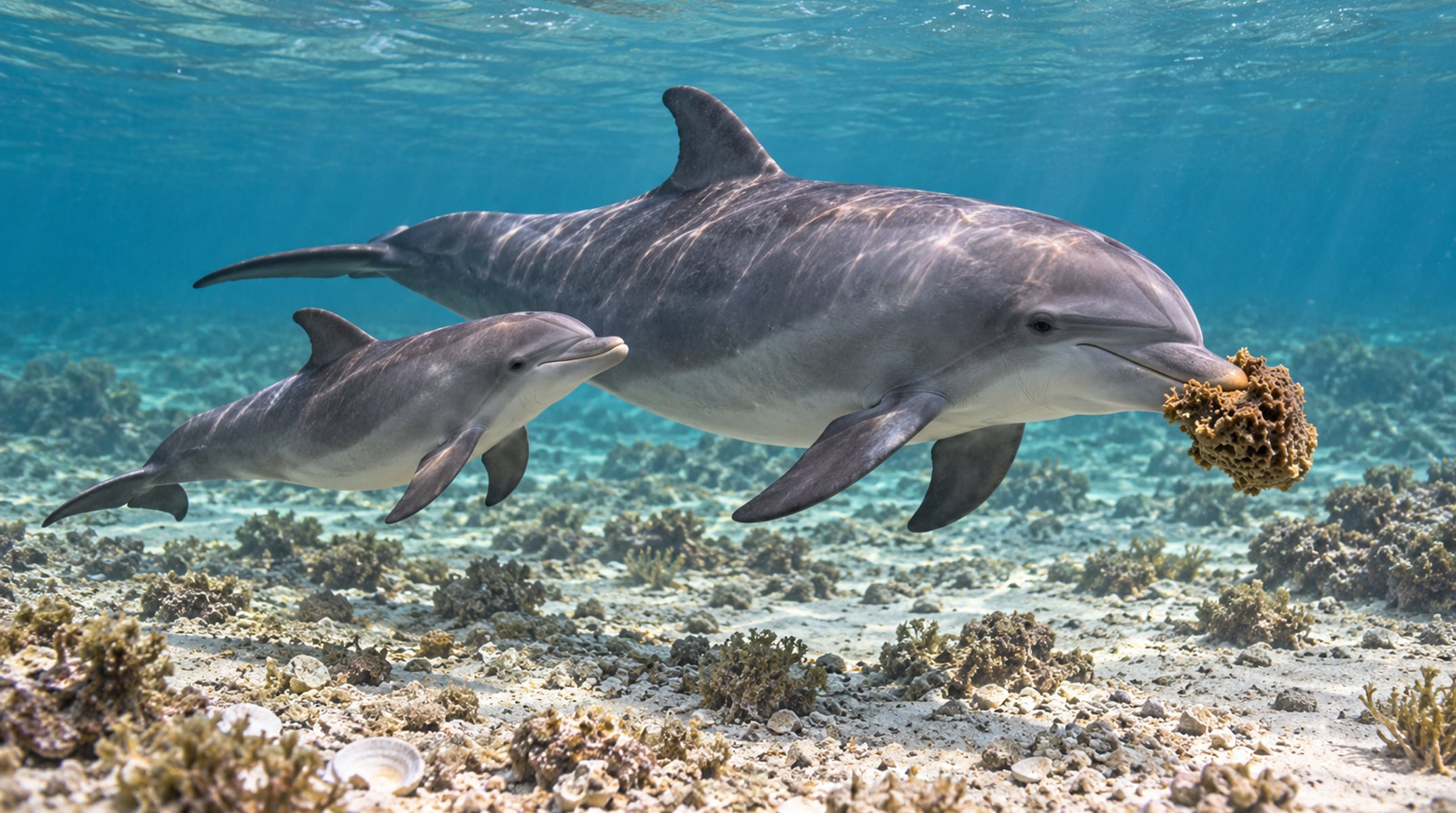 Em Shark Bay, a técnica rara se mantém entre gerações por aprendizado prolongado entre mães e filhotes