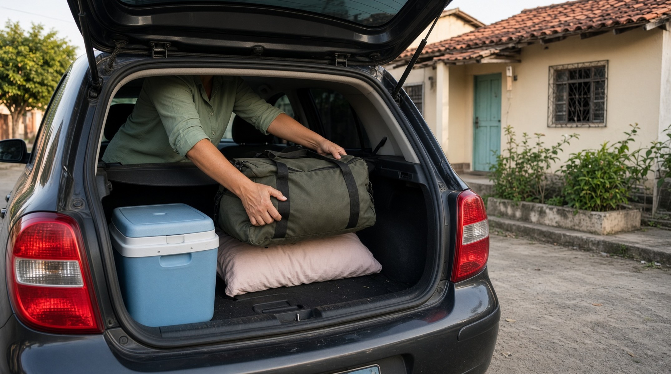 Mulher coloca uma bolsa no porta-malas do carro antes de viajar