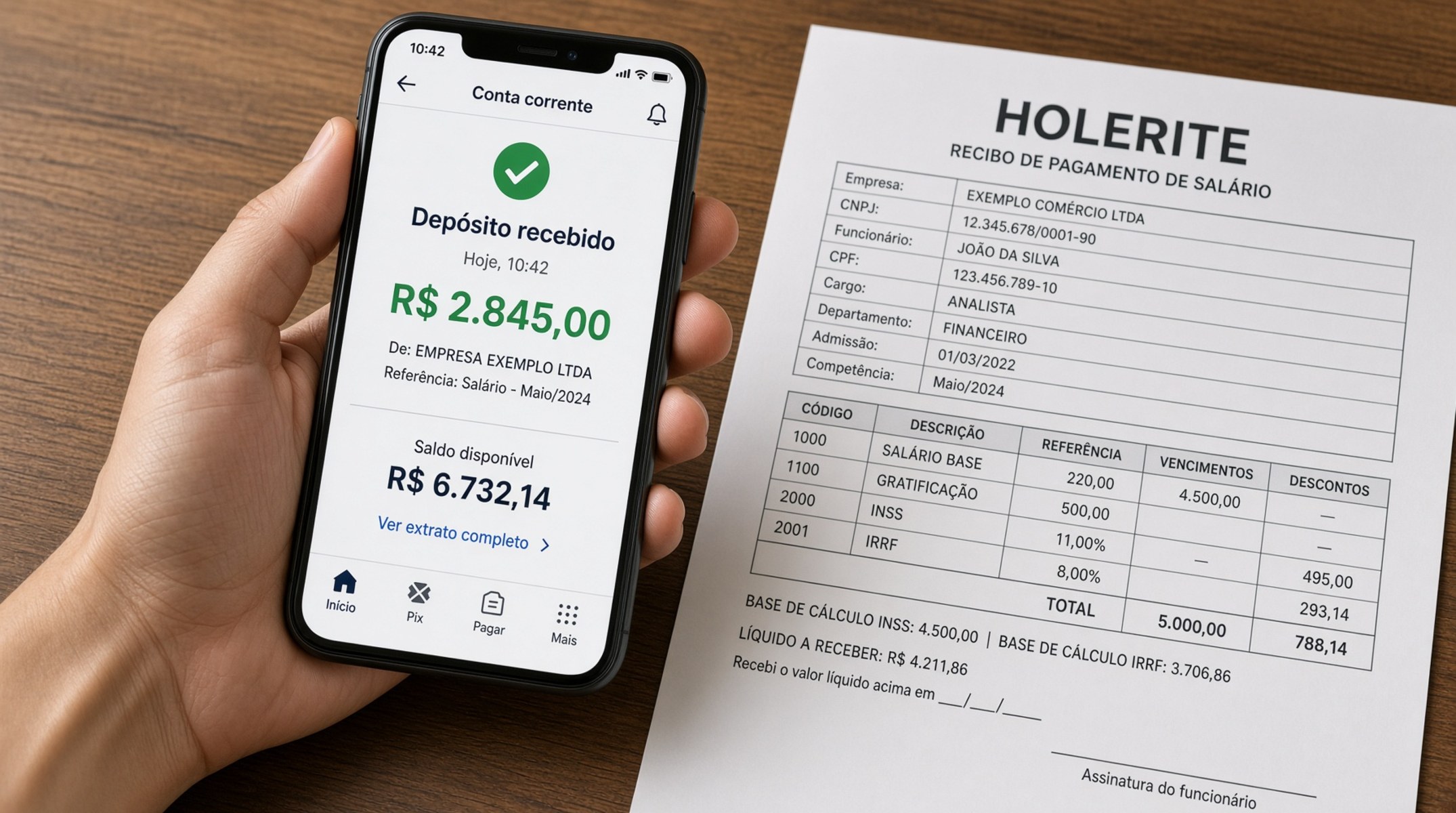 Mão segura celular com aviso de depósito recebido ao lado de um holerite