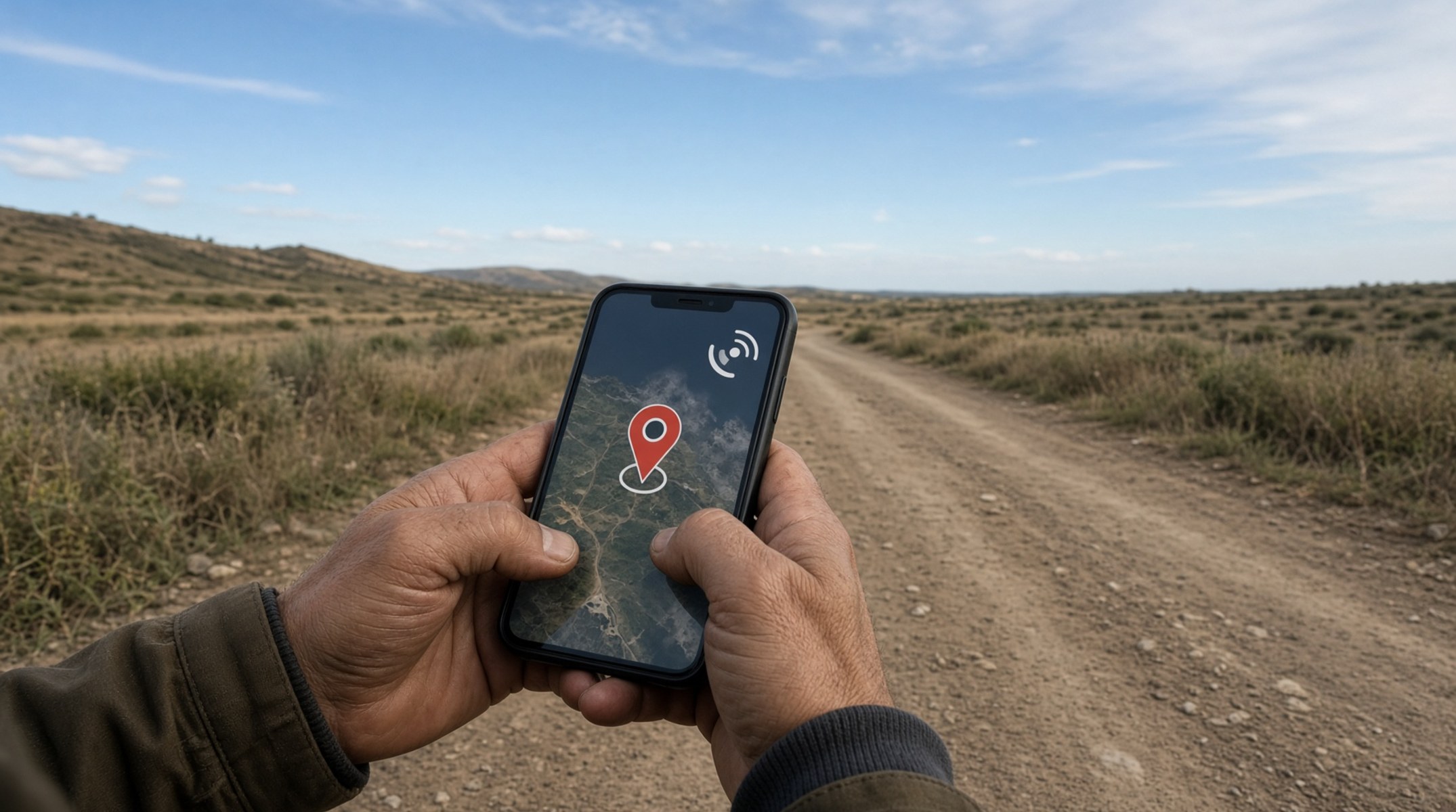 Mãos seguram celular com mapa e ícone de satélite numa estrada de terra