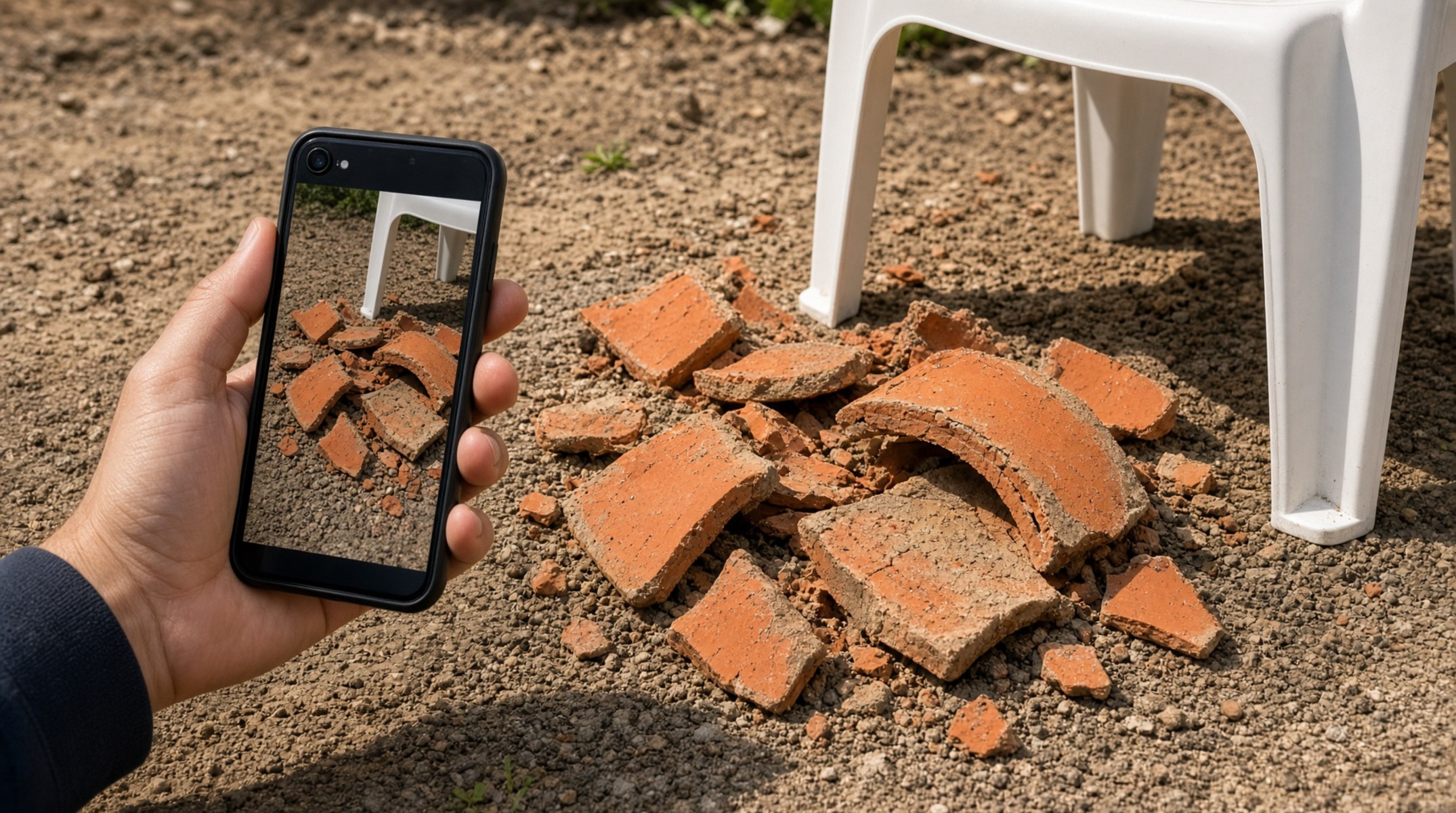 Mão grava com o celular telhas quebradas no chão ao lado de uma cadeira de plástico