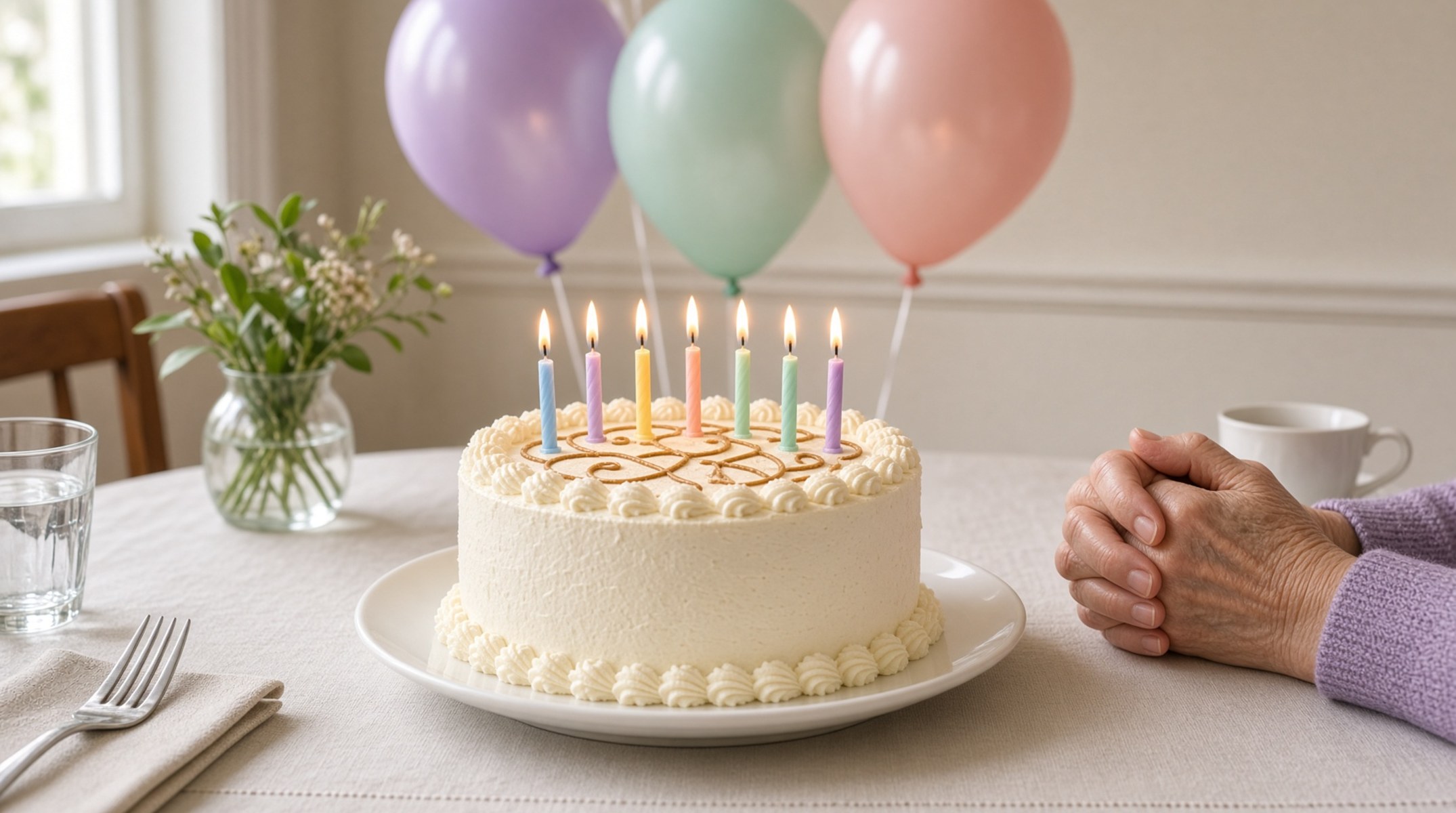 Bolo de aniversário com velas acesas e balões numa mesa de casa de repouso