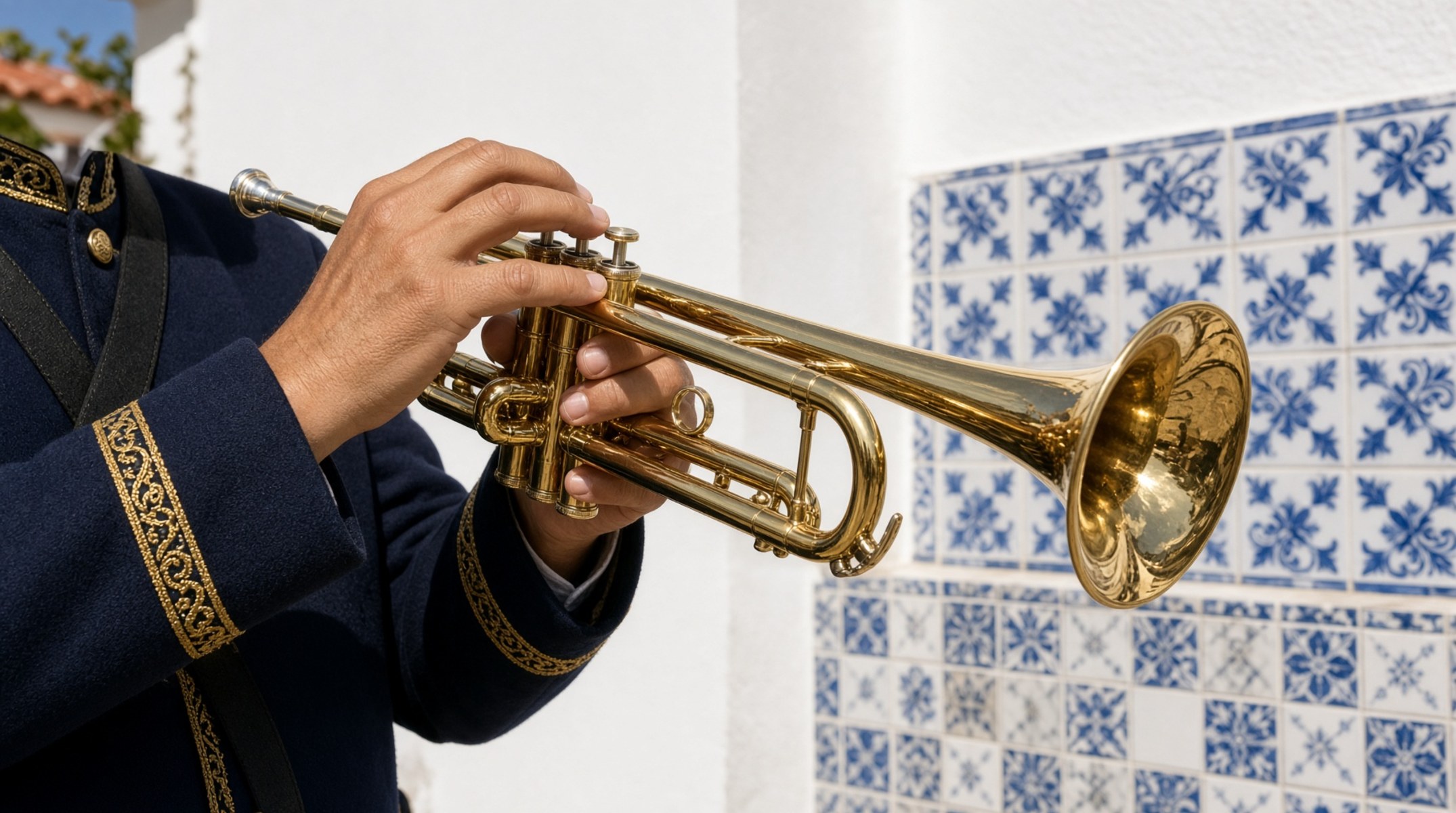 Mãos de músico tocam trompete dourado diante de parede branca com azulejos azuis