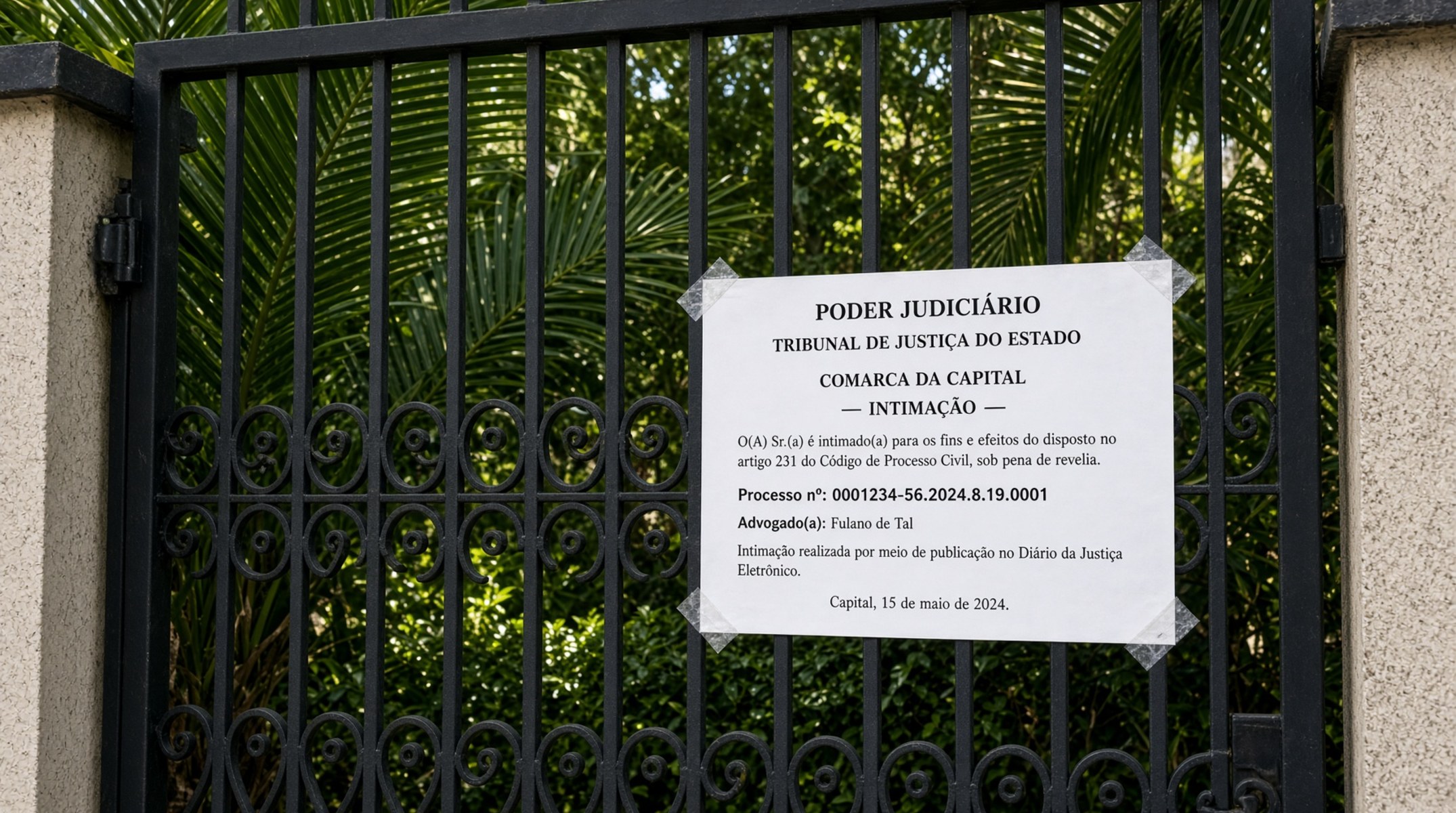 Aviso judicial preso no portão de ferro de uma mansão com jardim tropical