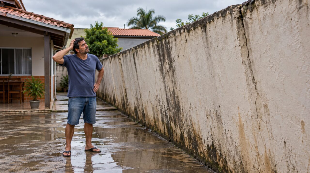 Pedreiro conclui muro de 28 metros e proprietário percebe após a primeira chuva que a estrutura ficou inclinada em direção ao terreno vizinho
