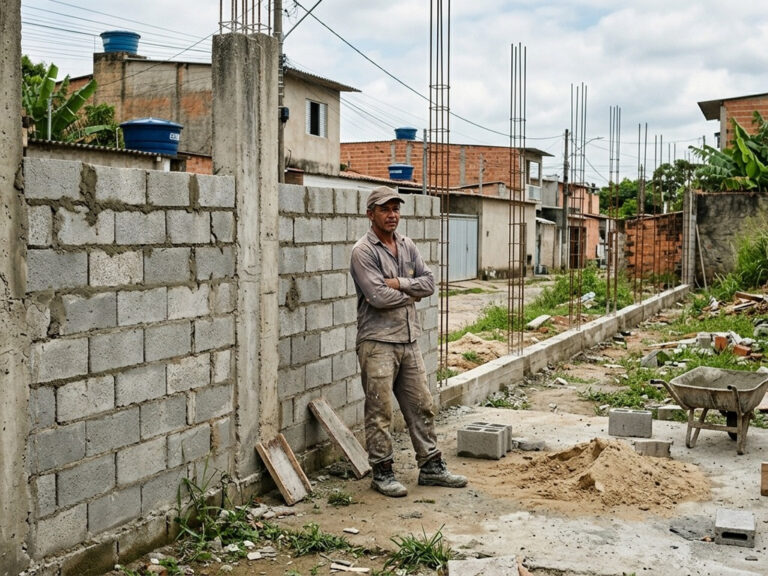 Muro residencial de 25 metros com construção interrompida na metade, blocos de concreto aparentes, pilares inacabados e pedreiro de braços cruzados ao lado da obra.