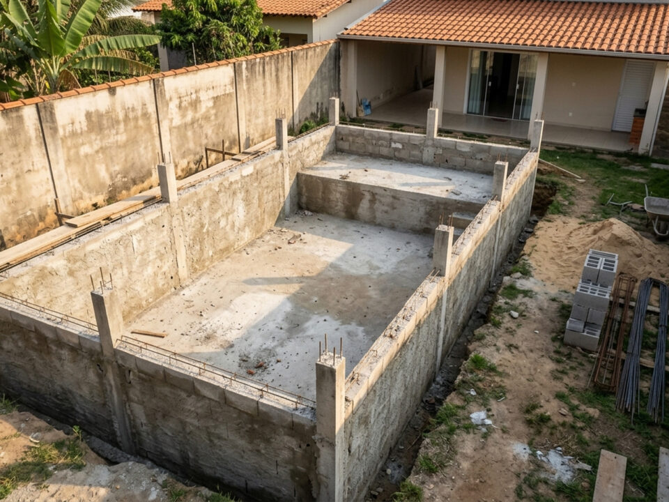 Piscina de alvenaria de 3 x 6 metros em construção, com paredes de blocos de concreto, fundo estrutural e materiais de obra no quintal de uma residência.