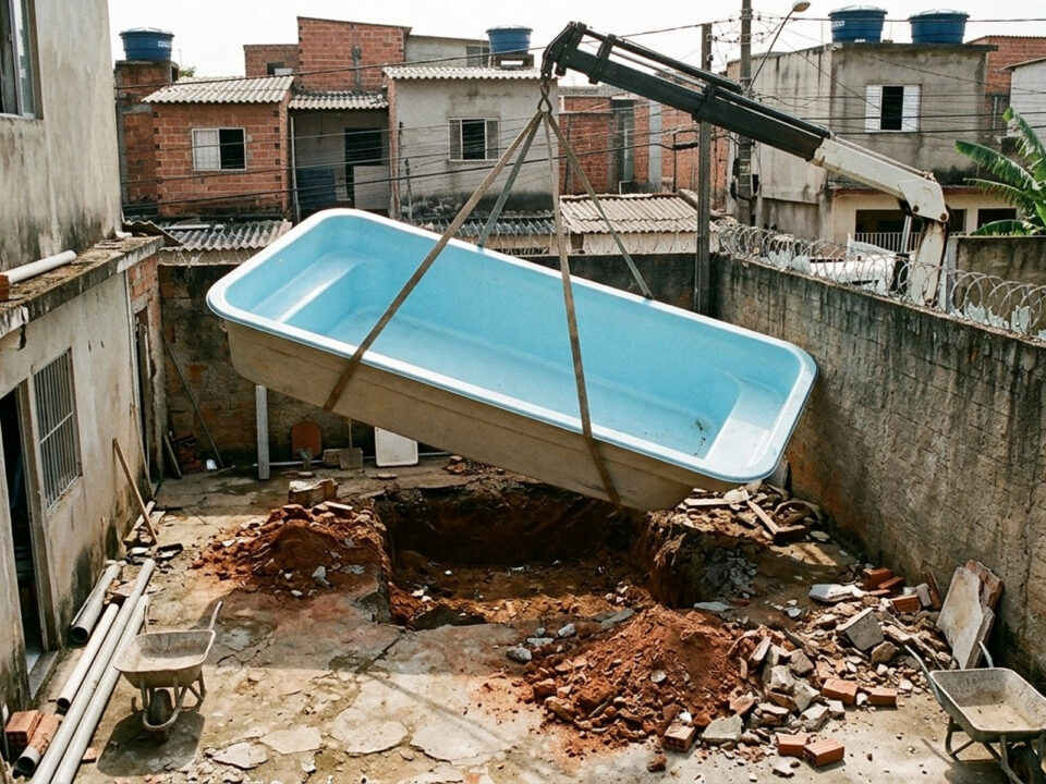 Casal encomenda piscina de fibra de R$ 18 mil para o quintal, mas a estrutura chega maior que o espaço disponível e o contrato revela medidas diferentes das usadas pela fábrica