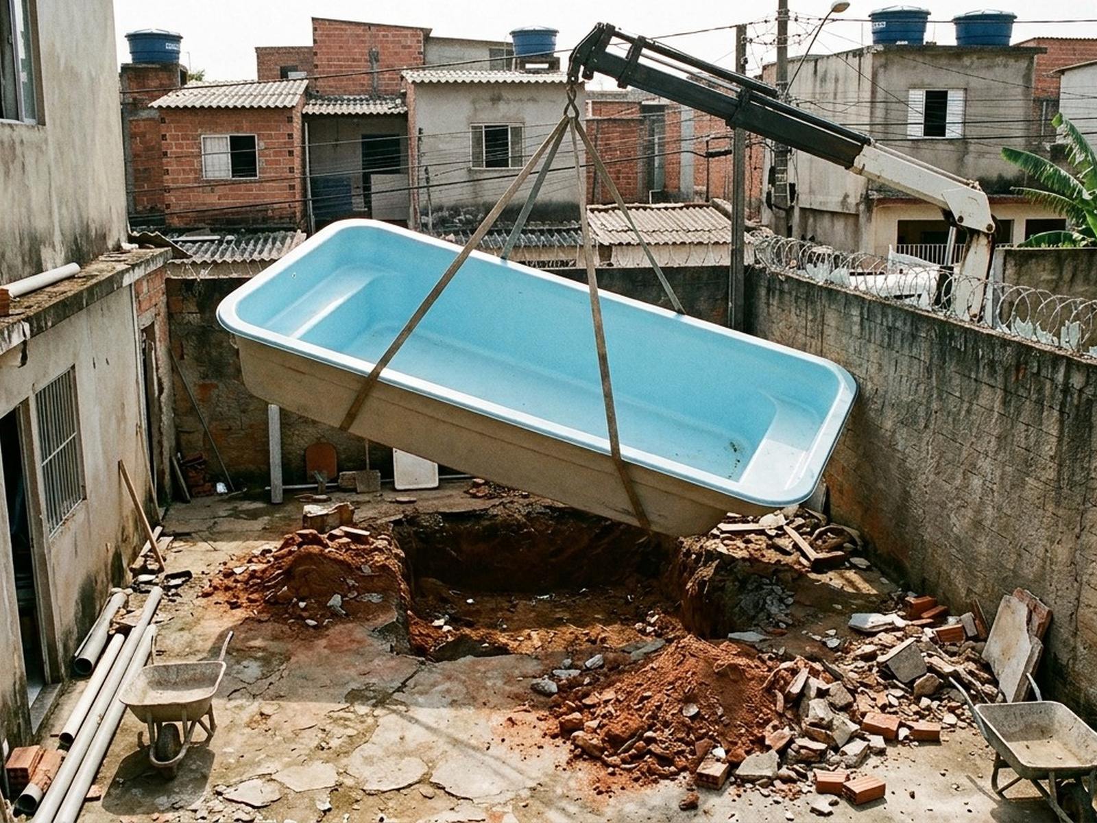 Casal encomenda piscina de fibra de R$ 18 mil para o quintal, mas a estrutura chega maior que o espaço disponível e o contrato revela medidas diferentes das usadas pela fábrica