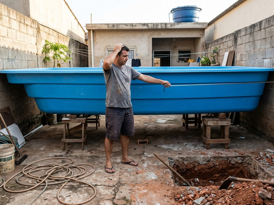Homem preocupado segura uma trena diante de piscina de fibra azul que ocupa quase toda a largura de um quintal residencial estreito.