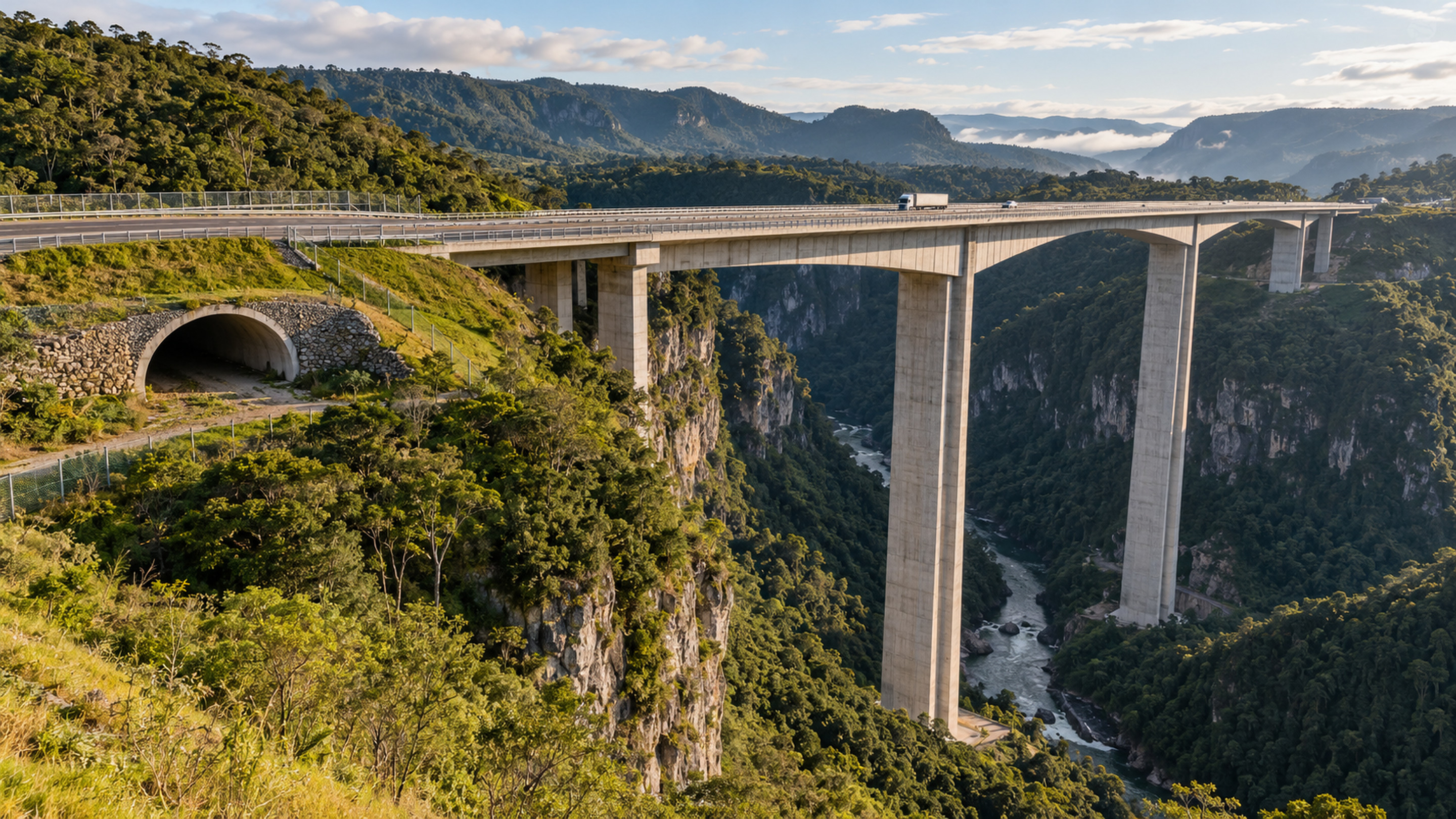 Ilustração de uma ponte sobre vale profundo com uma passagem subterrânea para animais e cercas junto à rodovia.