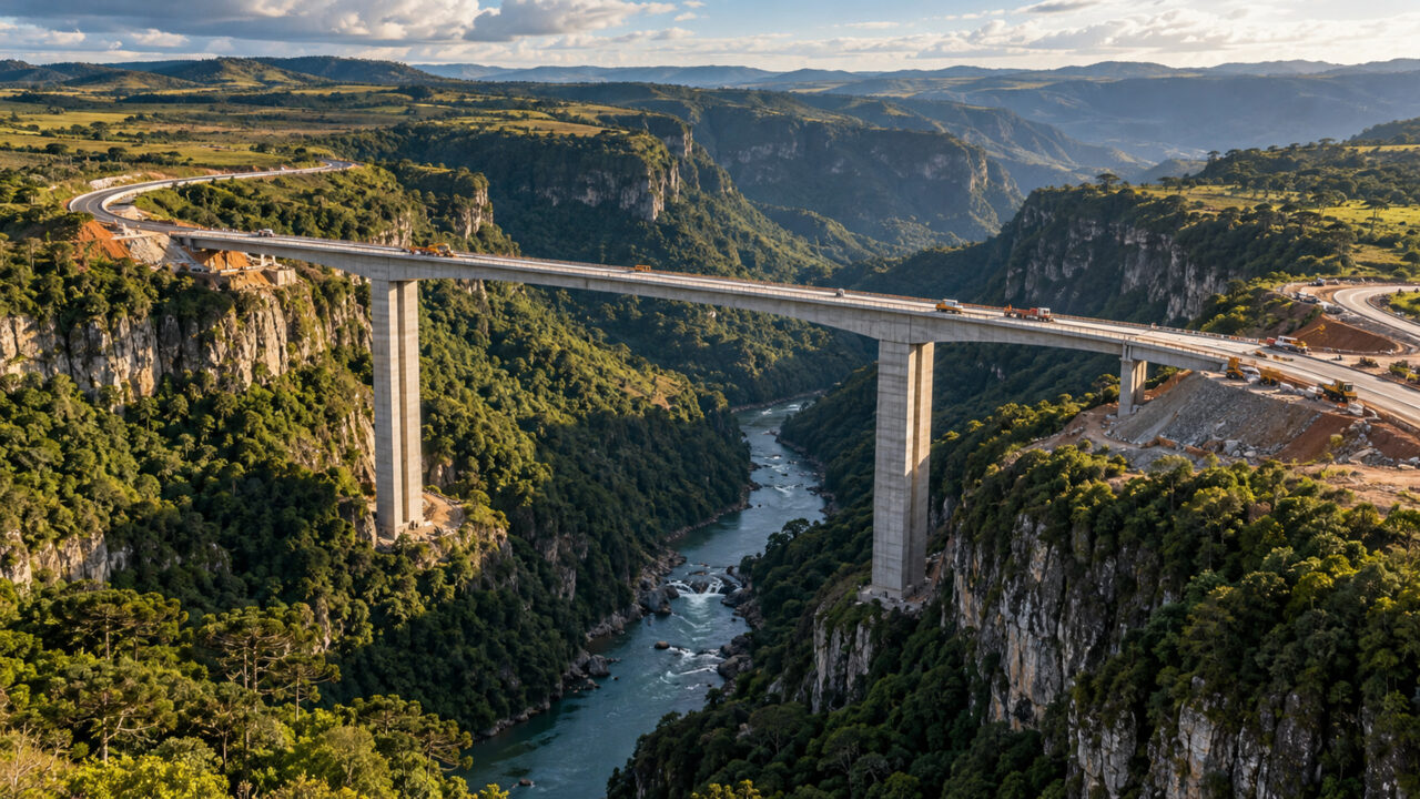 Uma ponte de 400 metros construída sobre um cânion de até 60 metros de altura faz parte de uma estrada que pretende completar uma ligação rodoviária entre dois estados do Sul