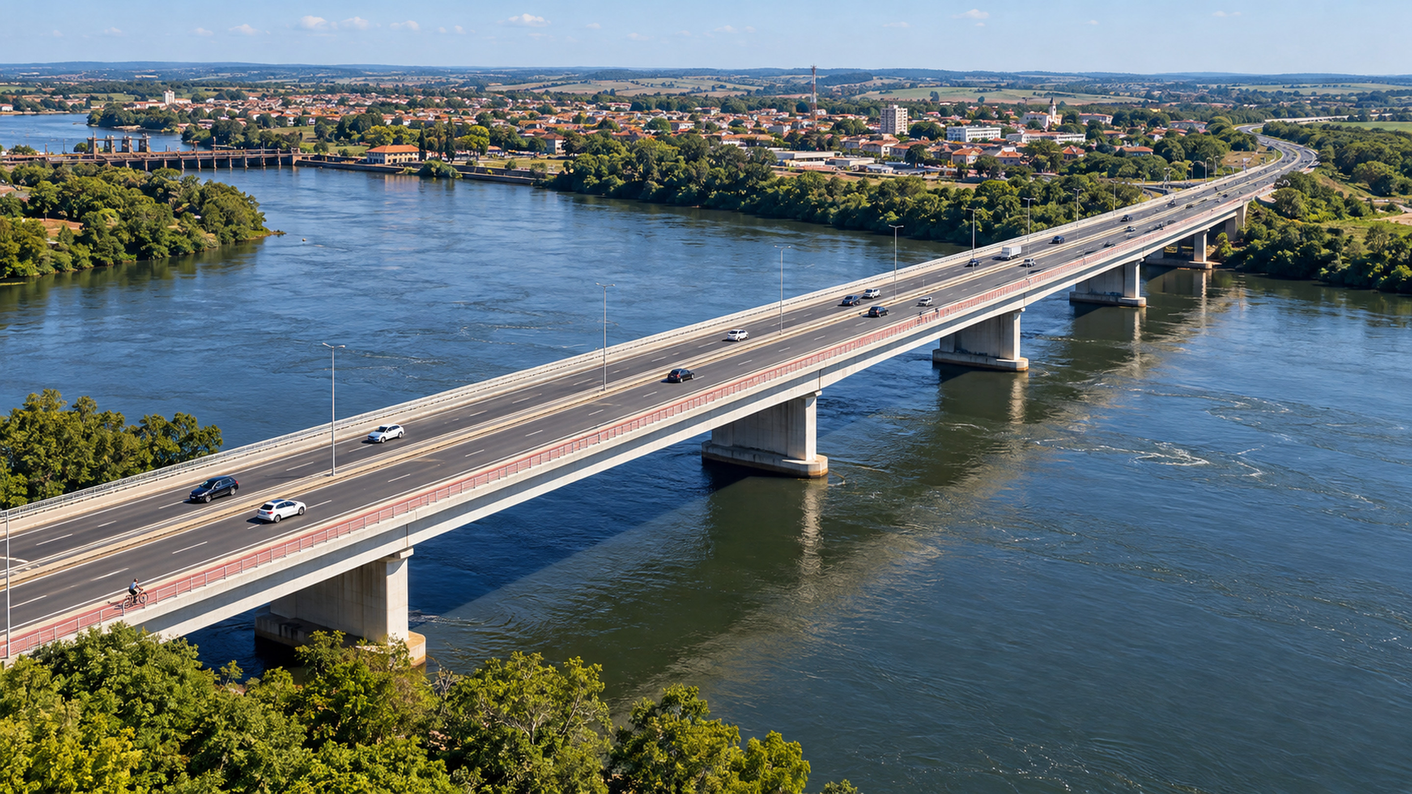 Ilustração de uma ponte de pistas duplas sobre um rio, com veículos e ciclovia lateral, próxima a uma cidade.