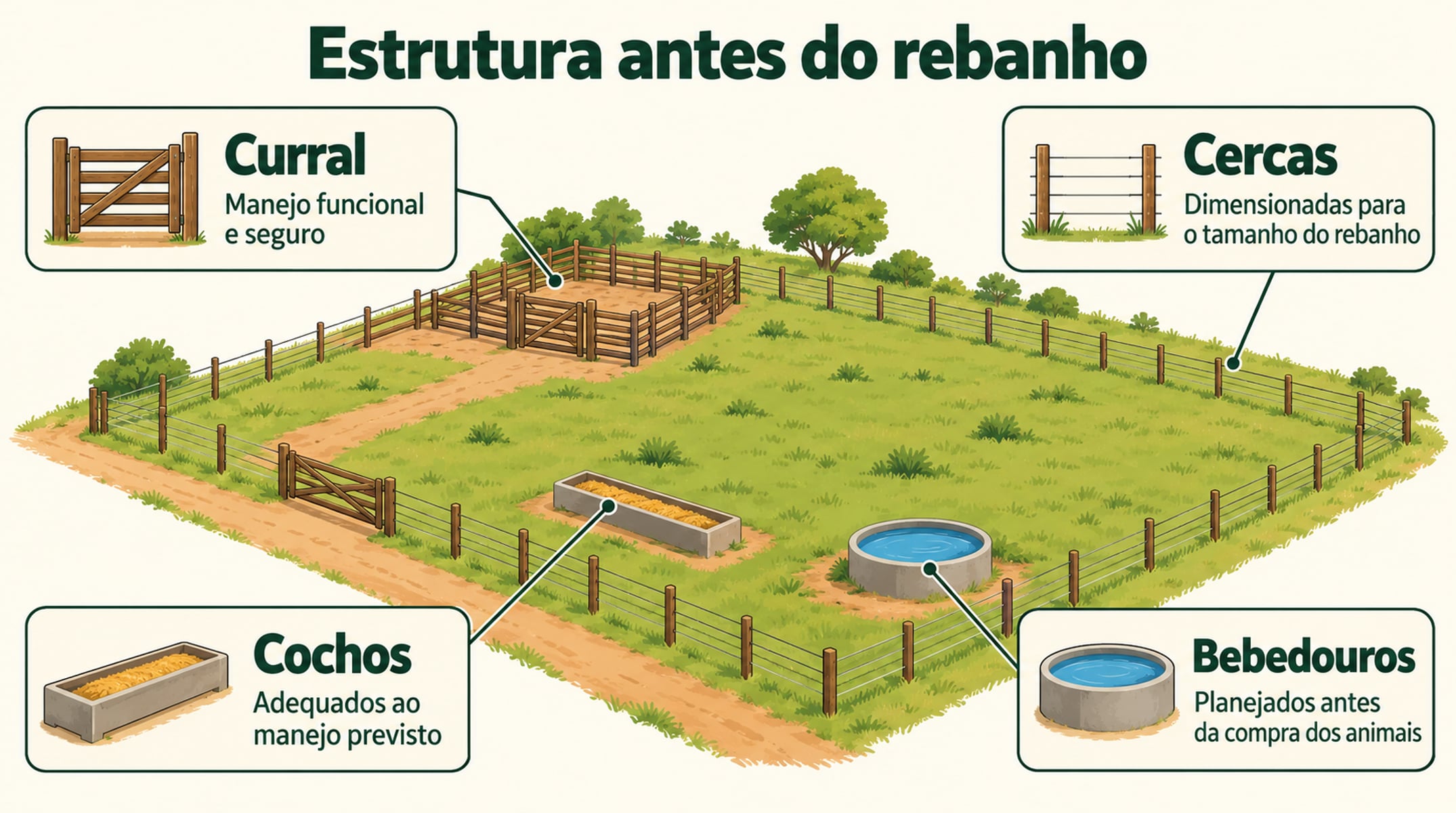 Curral, cercas, cochos e bebedouros devem ser dimensionados antes da compra do rebanho