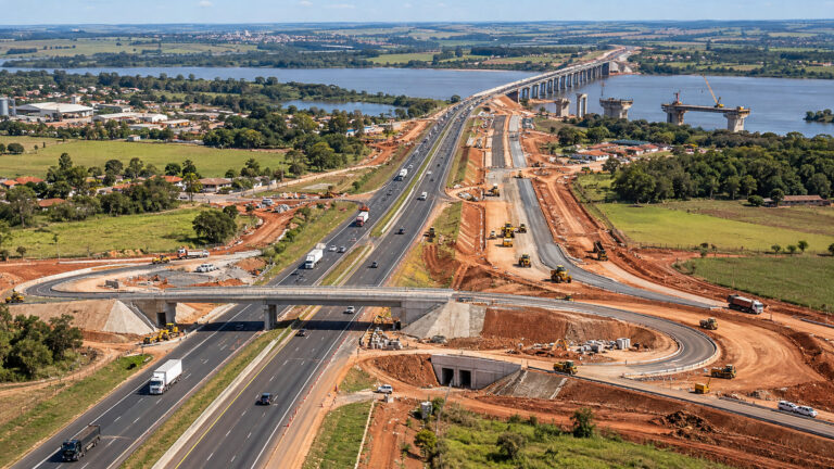 Ilustração aérea de uma rodovia em duplicação com viadutos, pistas em obras, máquinas e uma ponte em construção ao fundo.