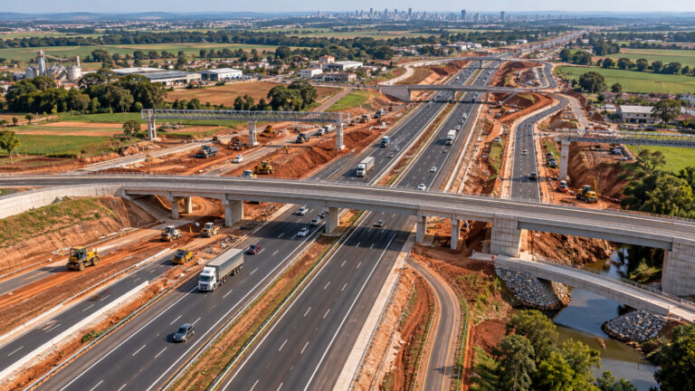 Ilustração aérea de uma rodovia em duplicação com viadutos, vias marginais, caminhões e máquinas trabalhando em trechos de terra.