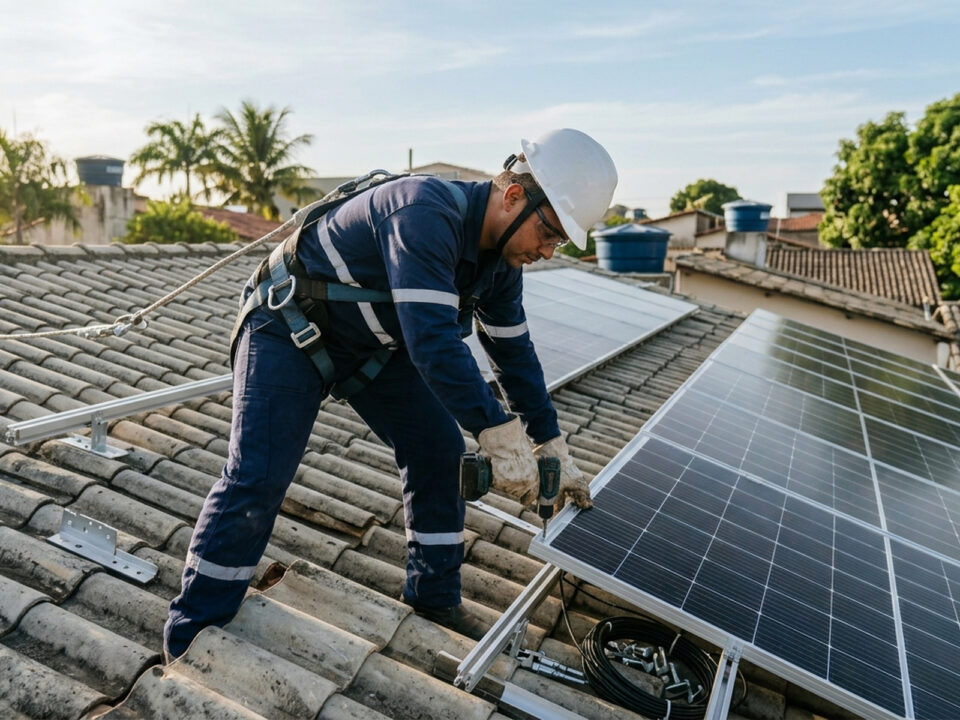 Técnico com capacete e equipamentos de segurança instala painel solar fotovoltaico sobre telhado residencial com outros módulos já fixados.