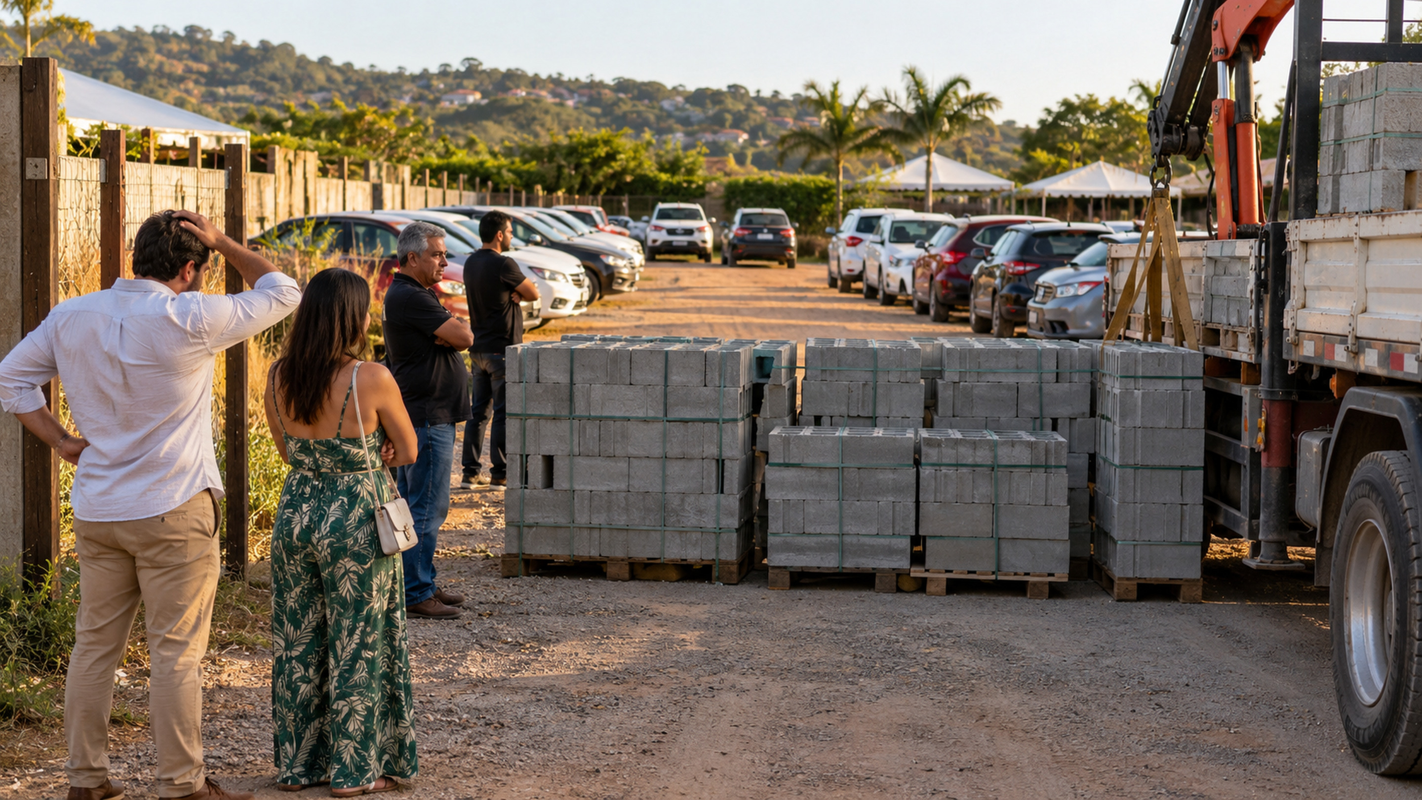 Paletes de blocos ocupam a passagem de um terreno cheio de carros, com convidados ao lado de um caminhão com guindaste.