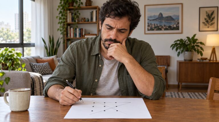 O quebra-cabeça dos nove pontos só se resolve com quatro linhas retas quando elas saem dos limites da grade