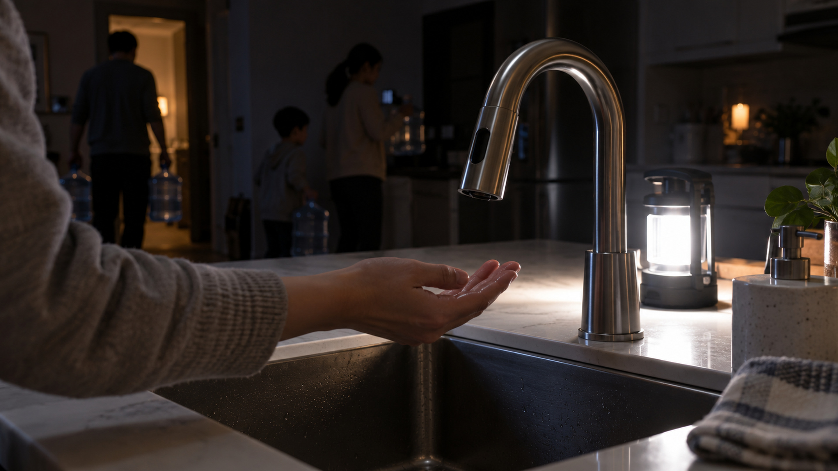 Mãos sob uma torneira com sensor sem fluxo de água em uma cozinha escura, com uma lanterna acesa ao lado da pia.