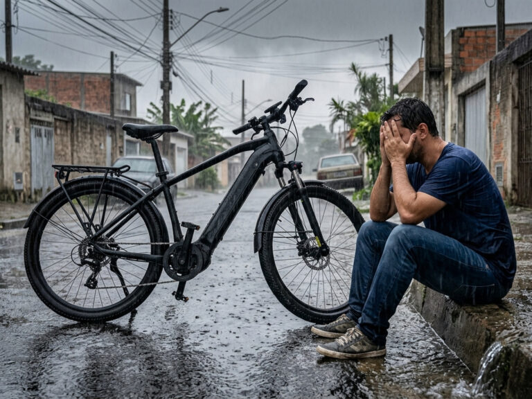 Trabalhador sentado na calçada com as mãos cobrindo o rosto ao lado de uma bicicleta elétrica preta encharcada pela chuva, em rua com poças de água.