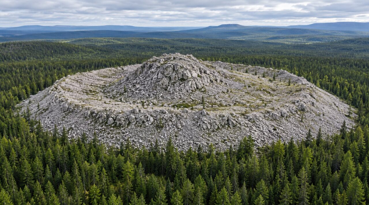 Uma estrutura de 40 metros de altura e 160 metros de largura, composta por cerca de um milhão de toneladas de calcário, emerge do meio da taiga e intriga os cientistas há mais de 70 anos