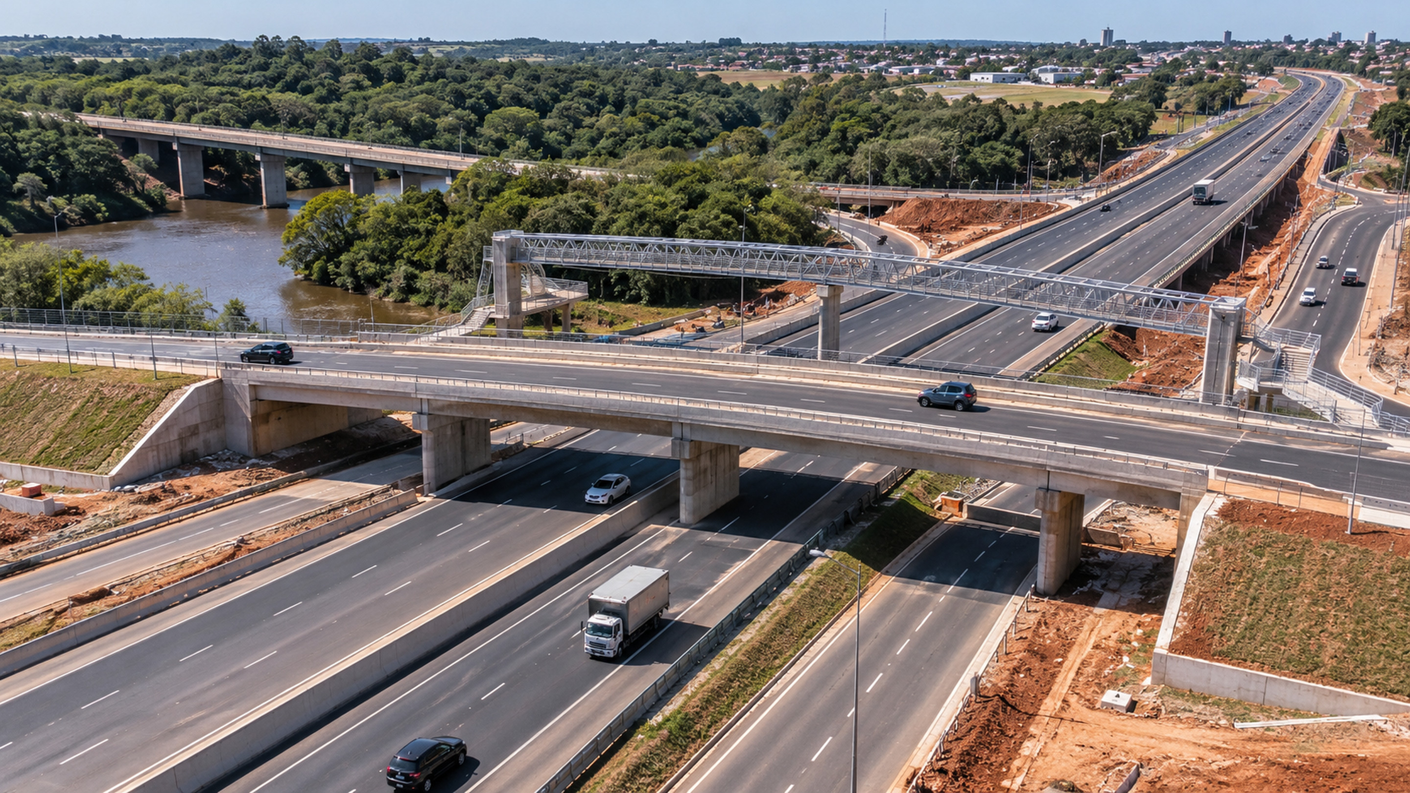 Ilustração de um viaduto e uma passarela metálica sobre uma rodovia de pistas duplas, com veículos e vias marginais.