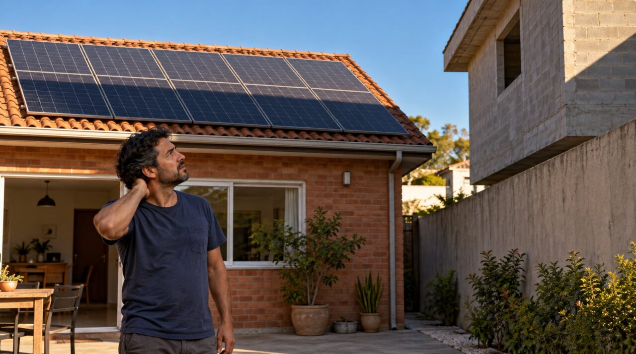 Vizinho constrói o segundo andar da casa e a família ao lado percebe que as placas solares instaladas há um ano passaram a ficar na sombra durante a tarde, e a conta de luz voltou a subir