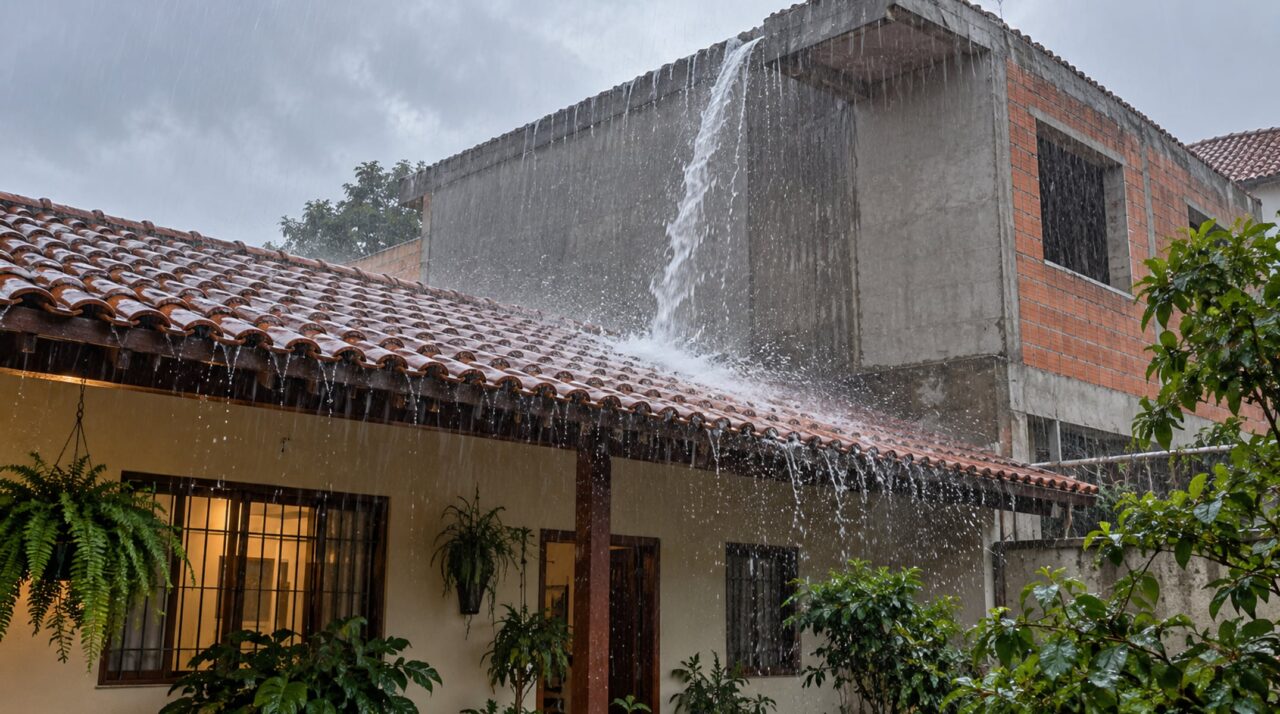 Vizinho constrói um segundo andar e família ao lado percebe que a nova parede passou a despejar a água da chuva diretamente sobre seu telhado