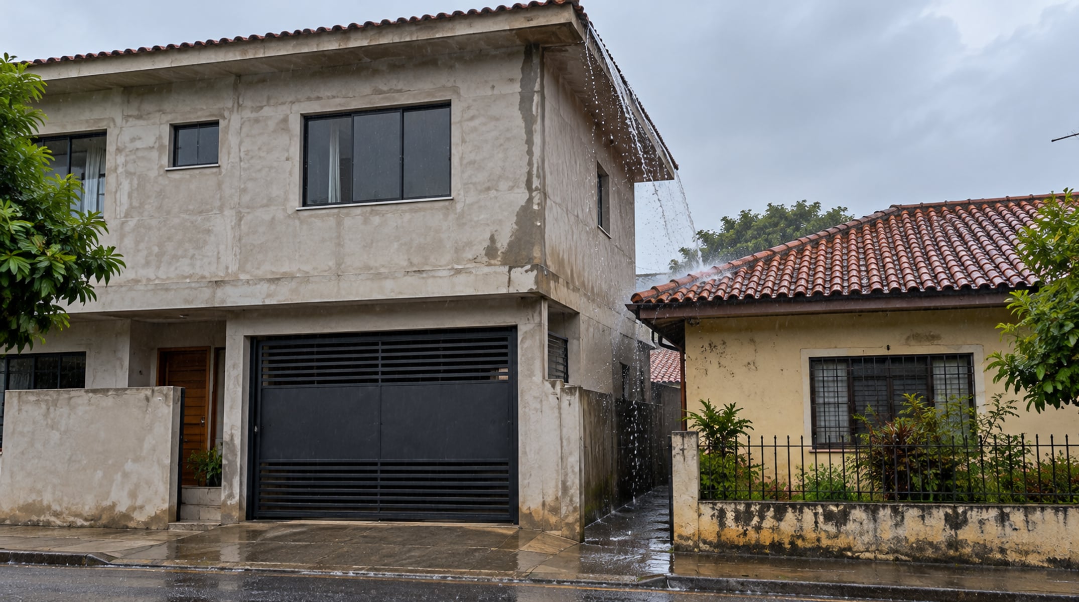 Uma parede nova de segundo andar que joga a chuva sobre a casa ao lado é a situação que o Código Civil quer evitar
