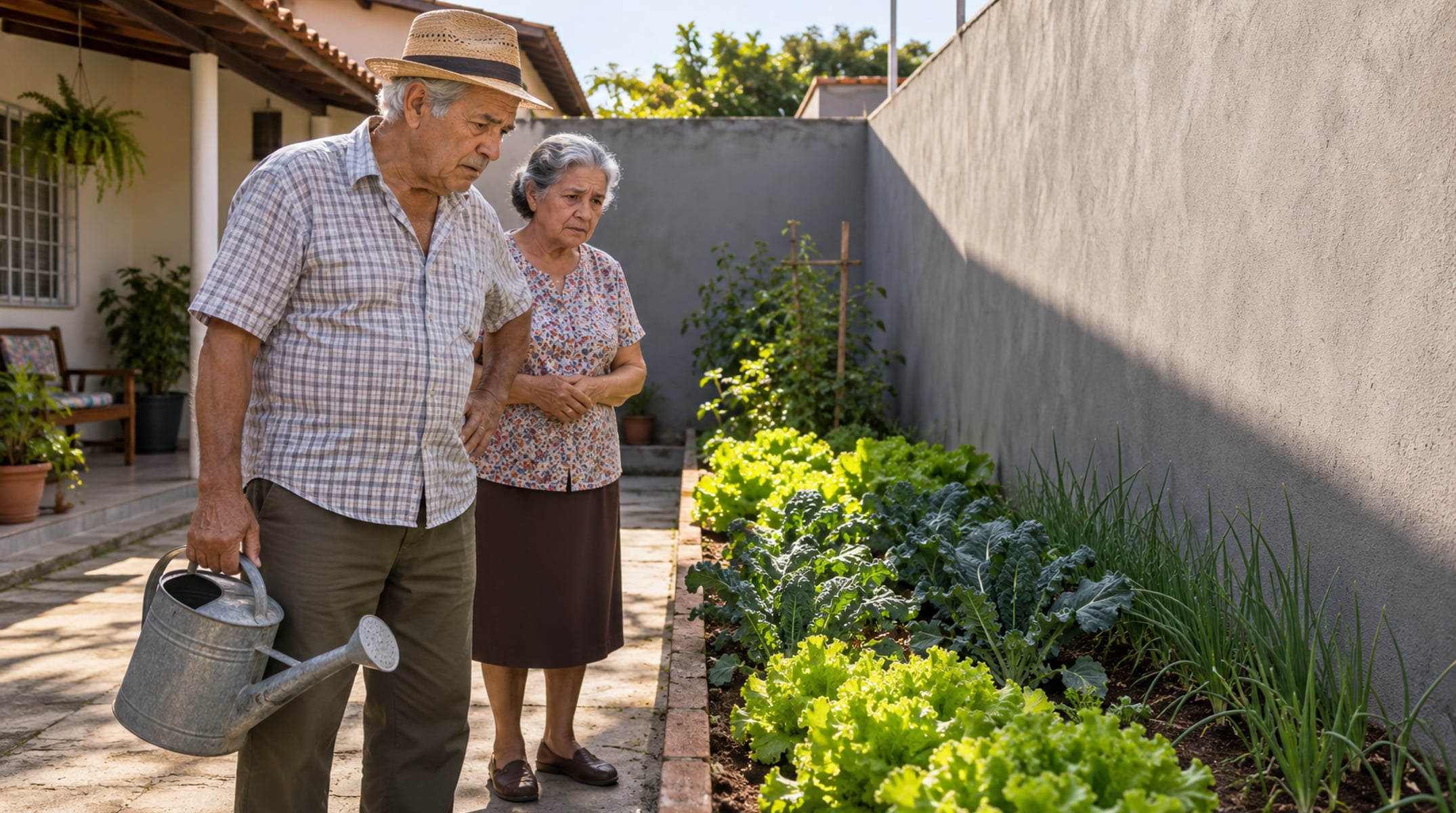 Vizinho eleva o muro para ter mais privacidade e casal de idosos percebe que a pequena horta cultivada há anos deixa de receber sol durante grande parte da manhã