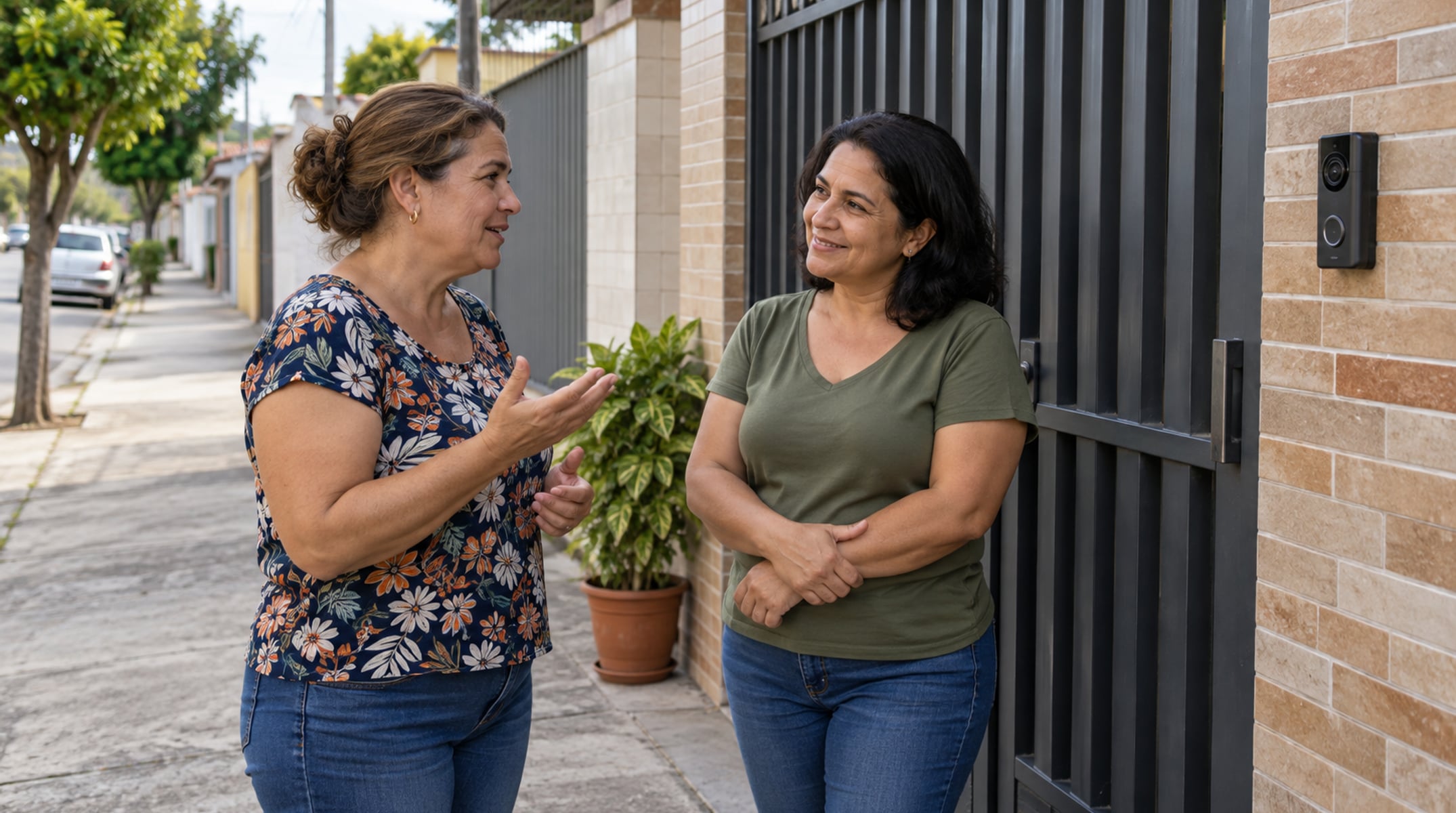 Vizinho instala campainha com câmera para identificar quem toca o portão, e moradora da casa ao lado percebe que todas as conversas feitas na calçada também ficam gravadas