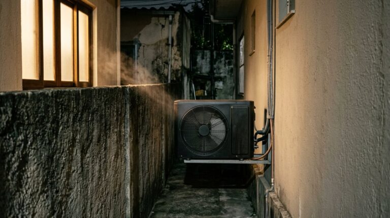 A condensadora a poucos centímetros do muro joga o ar quente e o ruído do compressor para a janela do vizinho