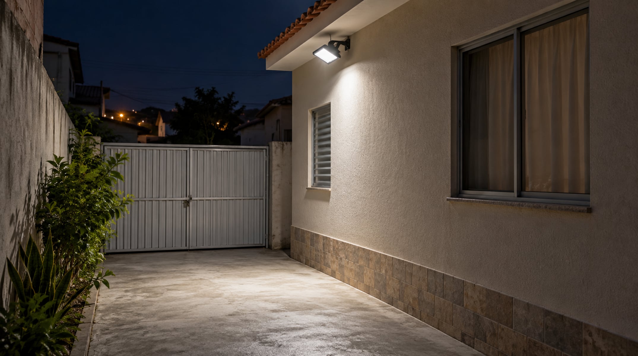 No teste noturno, direcionar o refletor para baixo manteve o portão iluminado e eliminou a faixa de luz no quarto