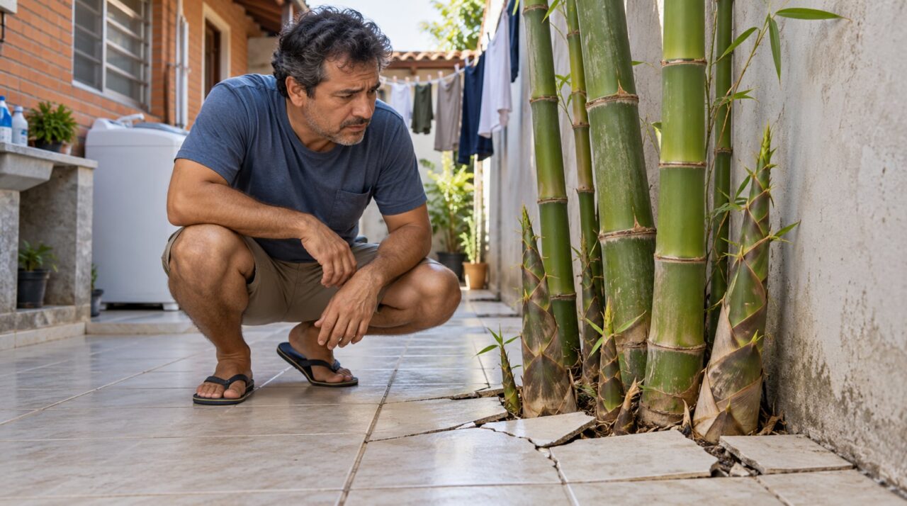 Vizinho planta bambu na divisa para ganhar privacidade e, dois anos depois, família ao lado encontra brotos rompendo o piso da área de serviço