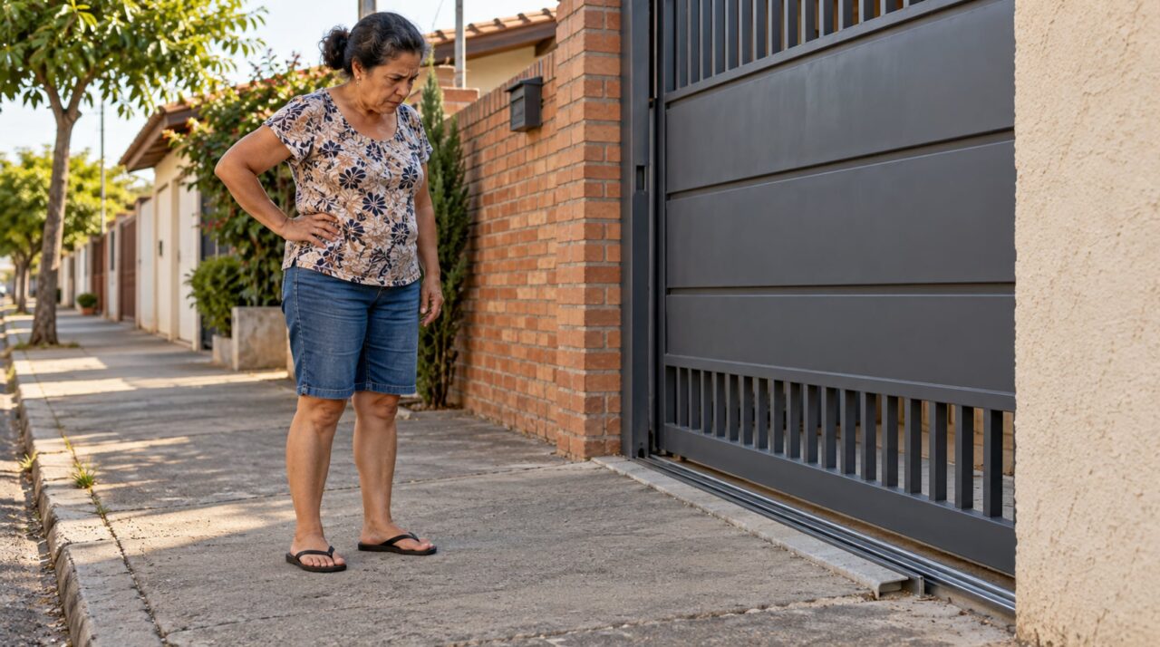 Vizinho troca o portão social por um de correr e moradora percebe que o trilho avançou alguns centímetros sobre a calçada diante de sua casa