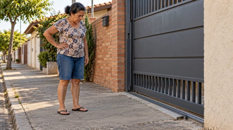 Trilho de portão de correr que invade a calçada ocupa espaço público e pode ser denunciado à prefeitura